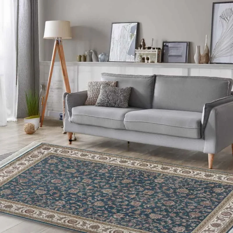 Minyatur Classic Bouquet Navy Cream Border Rug - Image 4