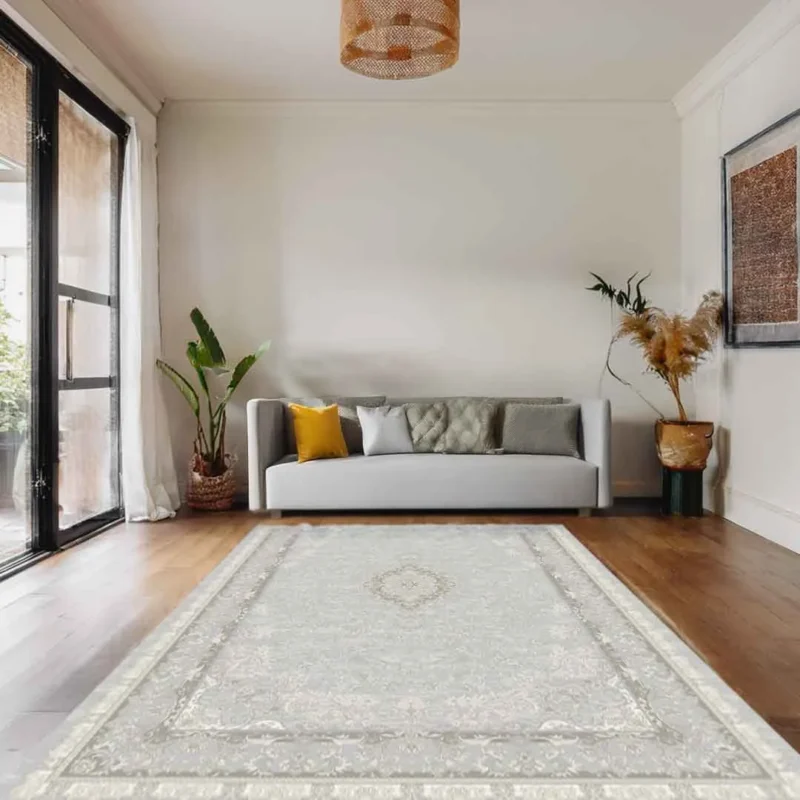 Sapphire Whisper Frame Light Grey Beige Persian Rug - Image 3