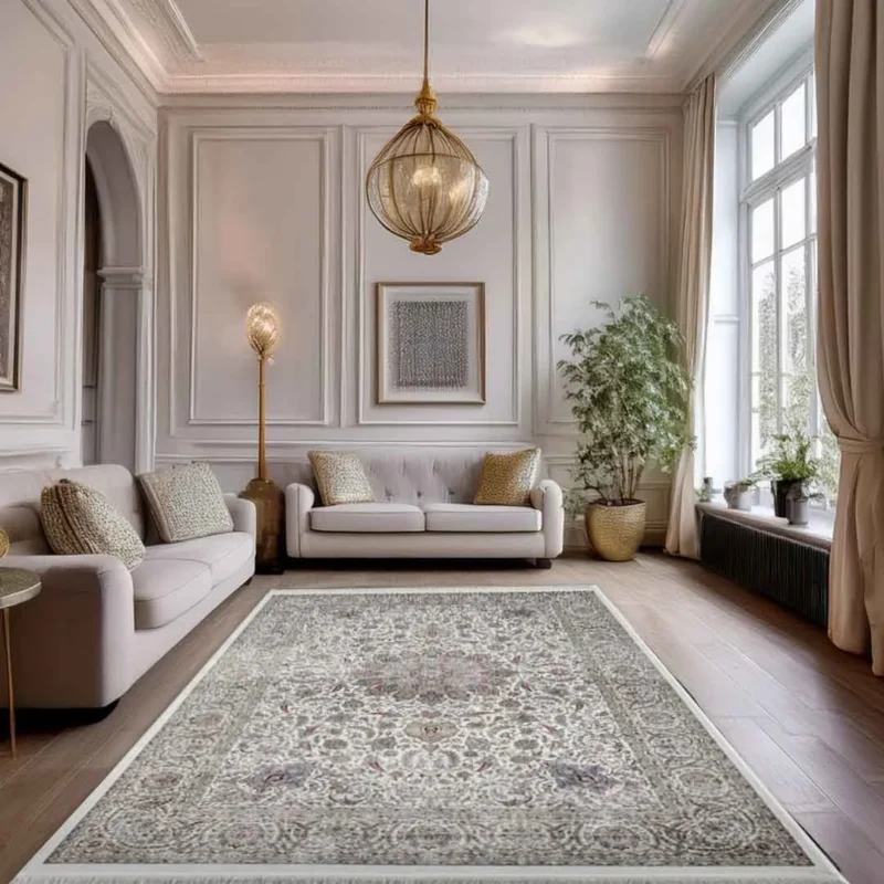 Minyatur Ornate Floral Centerpiece Ivory Rug - Image 3