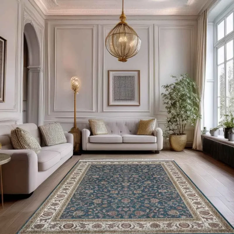 Minyatur Classic Bouquet Navy Cream Border Rug - Image 3