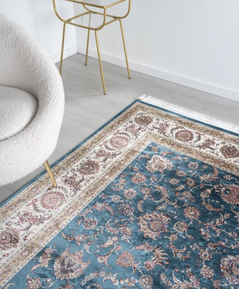 Minyatur Classic Bouquet Navy Cream Border Rug - Image 2